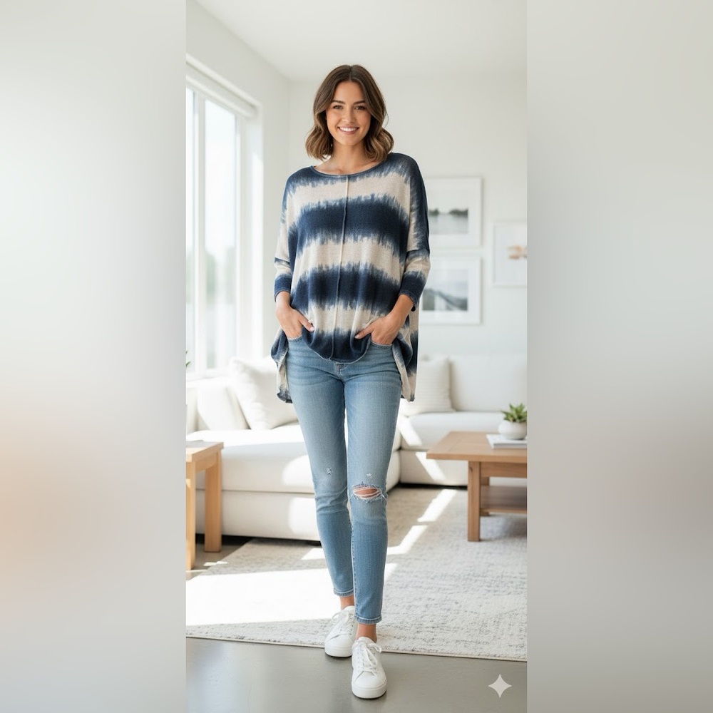Umgee Navy and Cream Long Sleeve Top